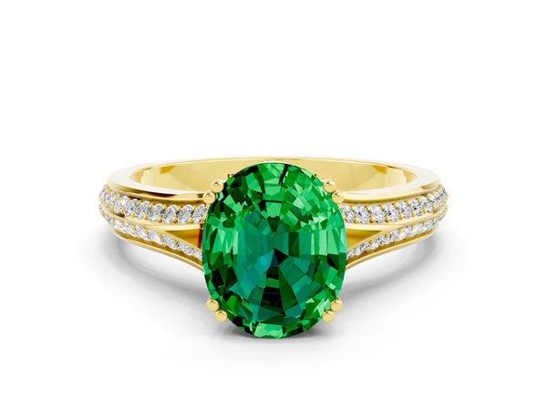 Yellow gold Oval Cut Emerald Split Shank Engagement Ring with Pavé Band