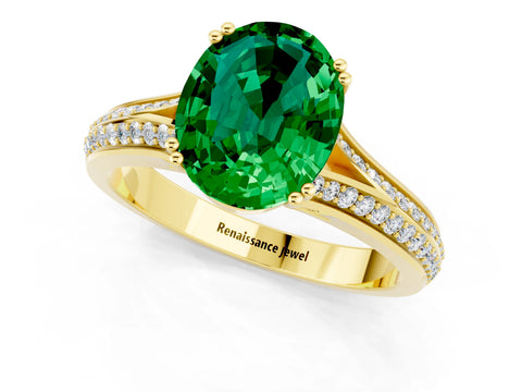 Yellow gold Oval Cut Emerald Split Shank Engagement Ring with Pavé Band_1