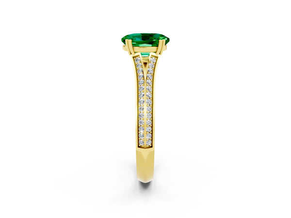 Yellow gold Oval Cut Emerald Split Shank Engagement Ring with Pavé Band