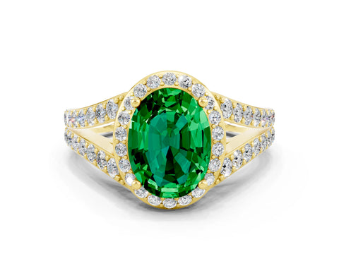 Yellow gold Oval Cut Emerald Split Shank Halo Ring with Four-Prong Setting_12