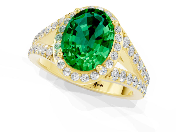 Yellow gold Oval Cut Emerald Split Shank Halo Ring with Four-Prong Setting