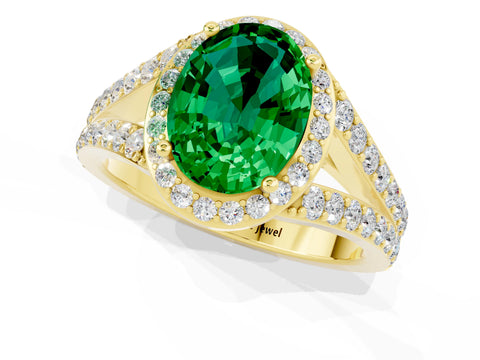 Yellow gold Oval Cut Emerald Split Shank Halo Ring with Four-Prong Setting_13