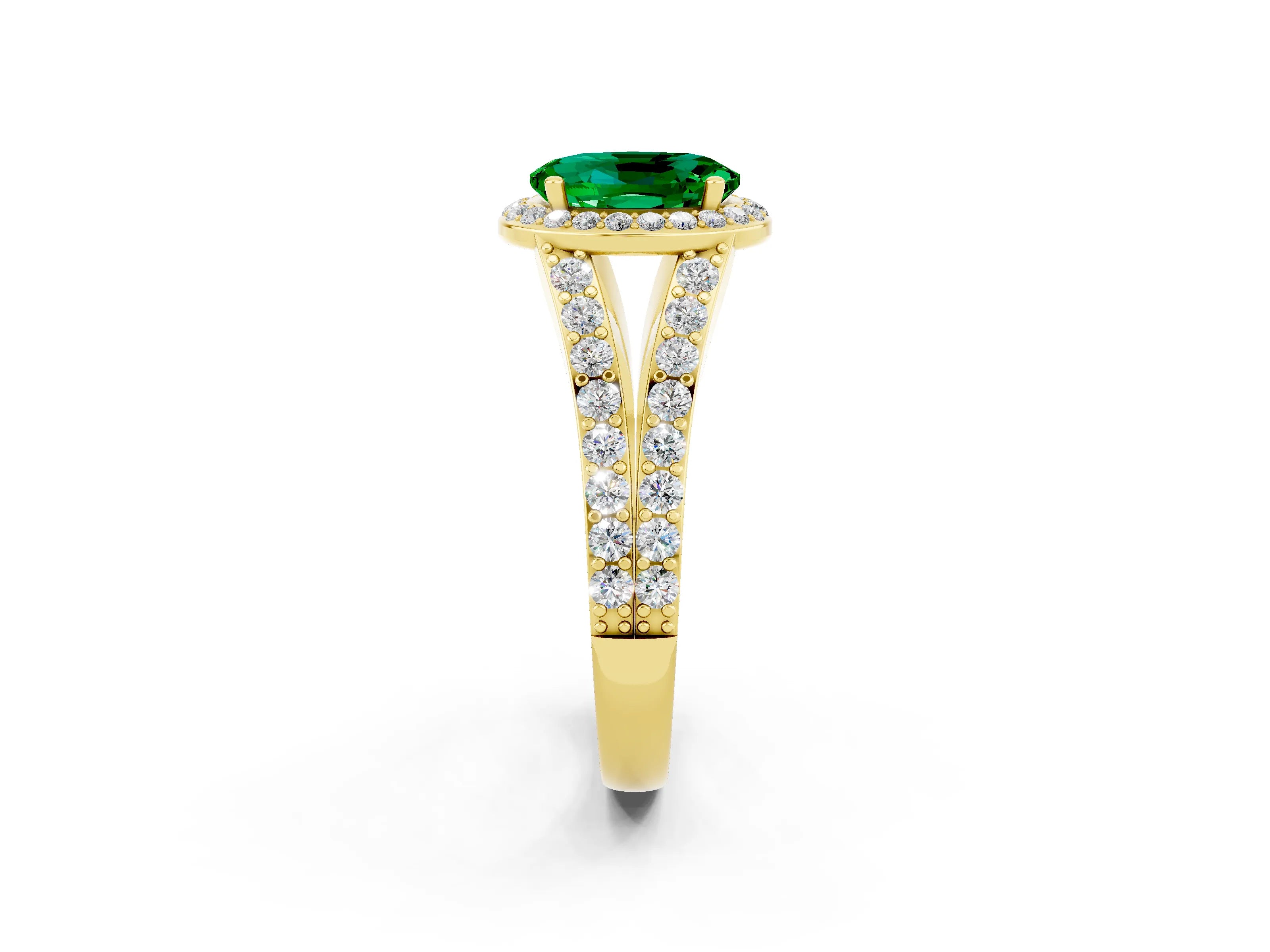 Yellow gold Oval Cut Emerald Split Shank Halo Ring with Four-Prong Setting_14