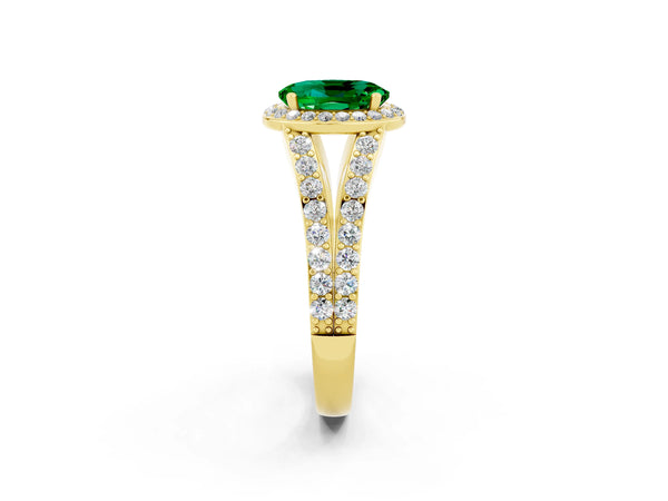Yellow gold Oval Cut Emerald Split Shank Halo Ring with Four-Prong Setting