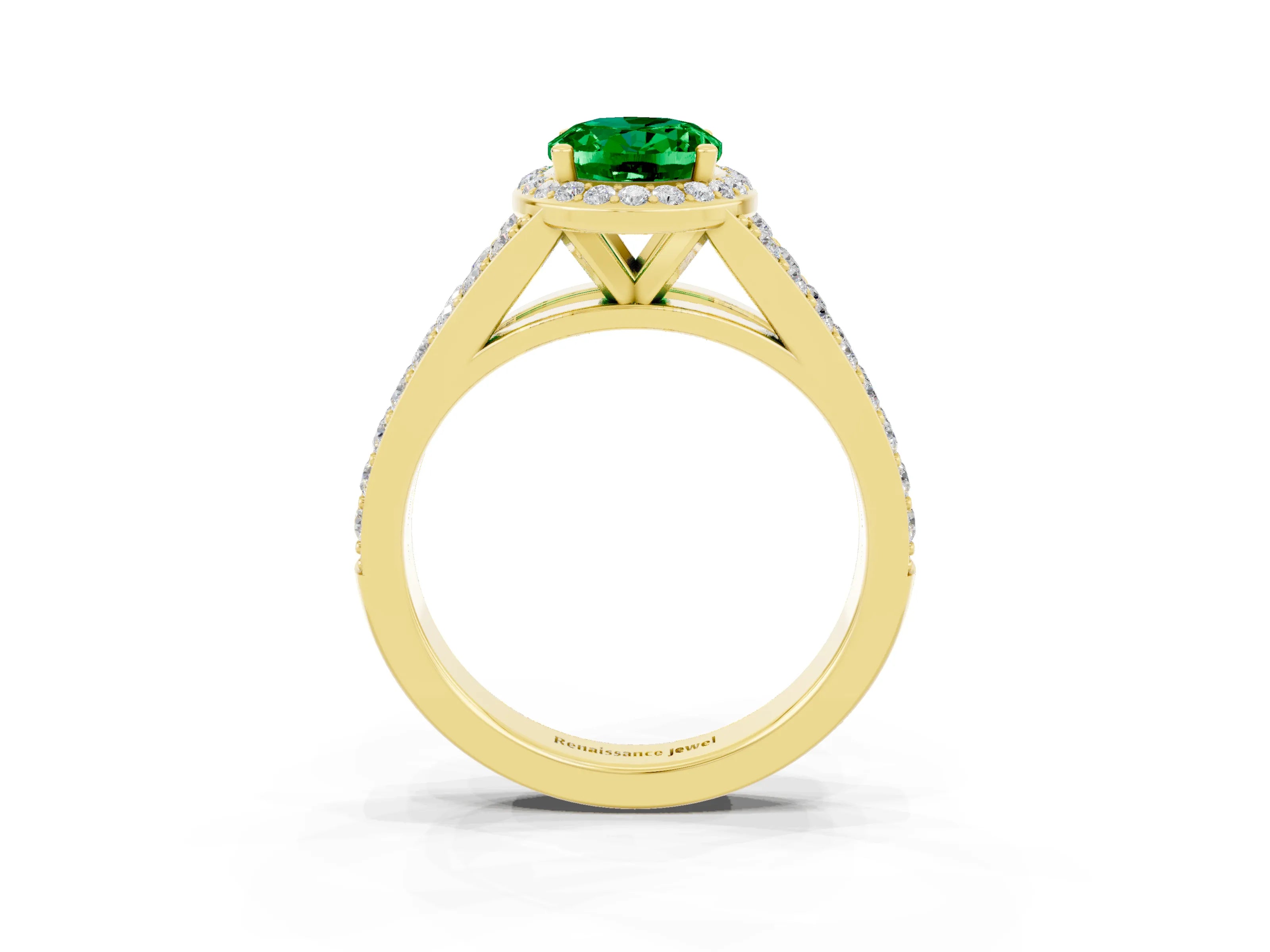 Yellow gold Oval Cut Emerald Split Shank Halo Ring with Four-Prong Setting_15