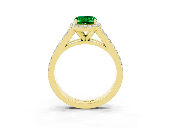 Yellow gold Oval Cut Emerald Split Shank Halo Ring with Four-Prong Setting