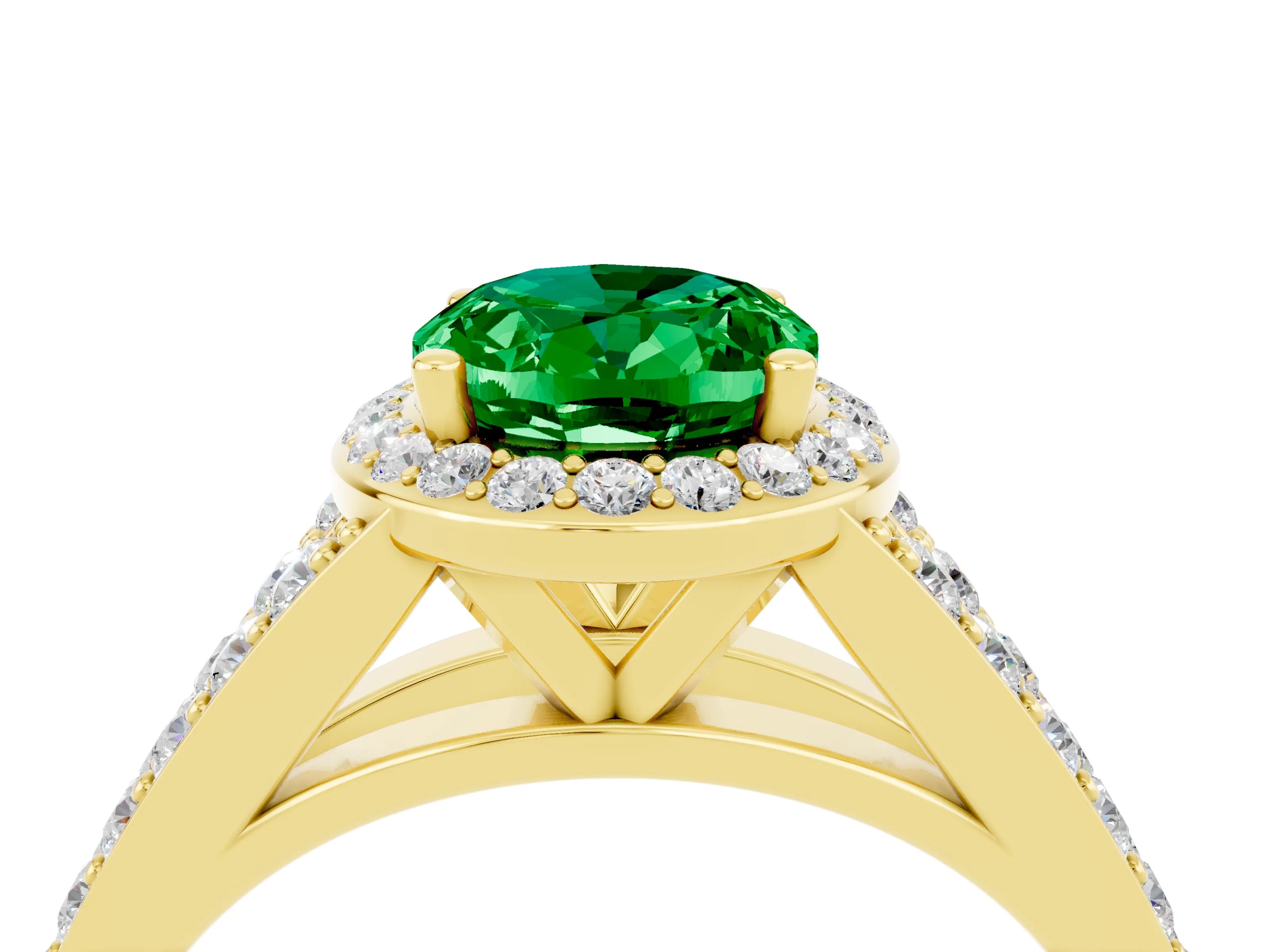 Yellow gold Oval Cut Emerald Split Shank Halo Ring with Four-Prong Setting_16