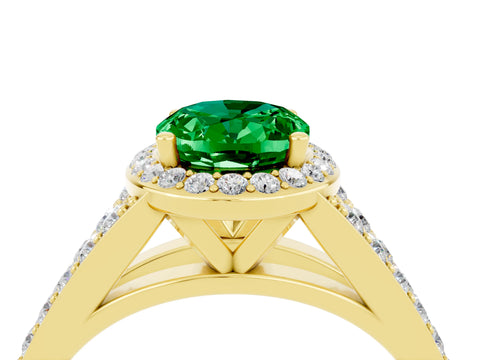 Yellow gold Oval Cut Emerald Split Shank Halo Ring with Four-Prong Setting_16