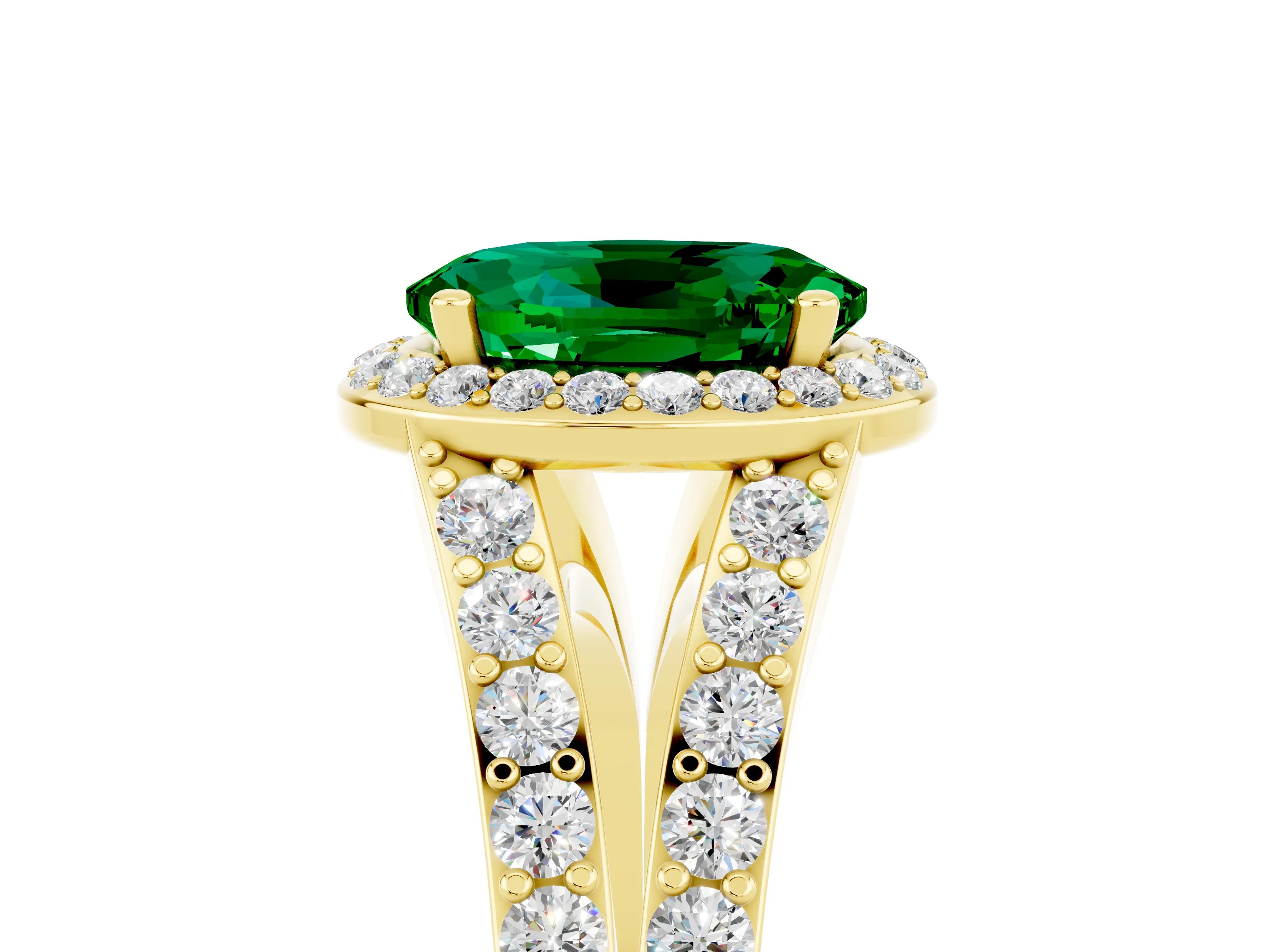 Yellow gold Oval Cut Emerald Split Shank Halo Ring with Four-Prong Setting_17