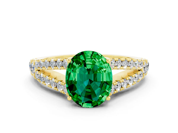 Yellow gold Oval Cut Emerald Split Shank Pavé Engagement Ring with Four-Prong Setting