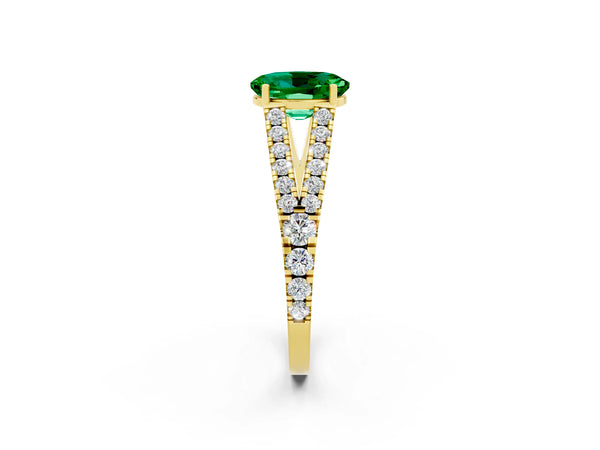 Yellow gold Oval Cut Emerald Split Shank Pavé Engagement Ring with Four-Prong Setting