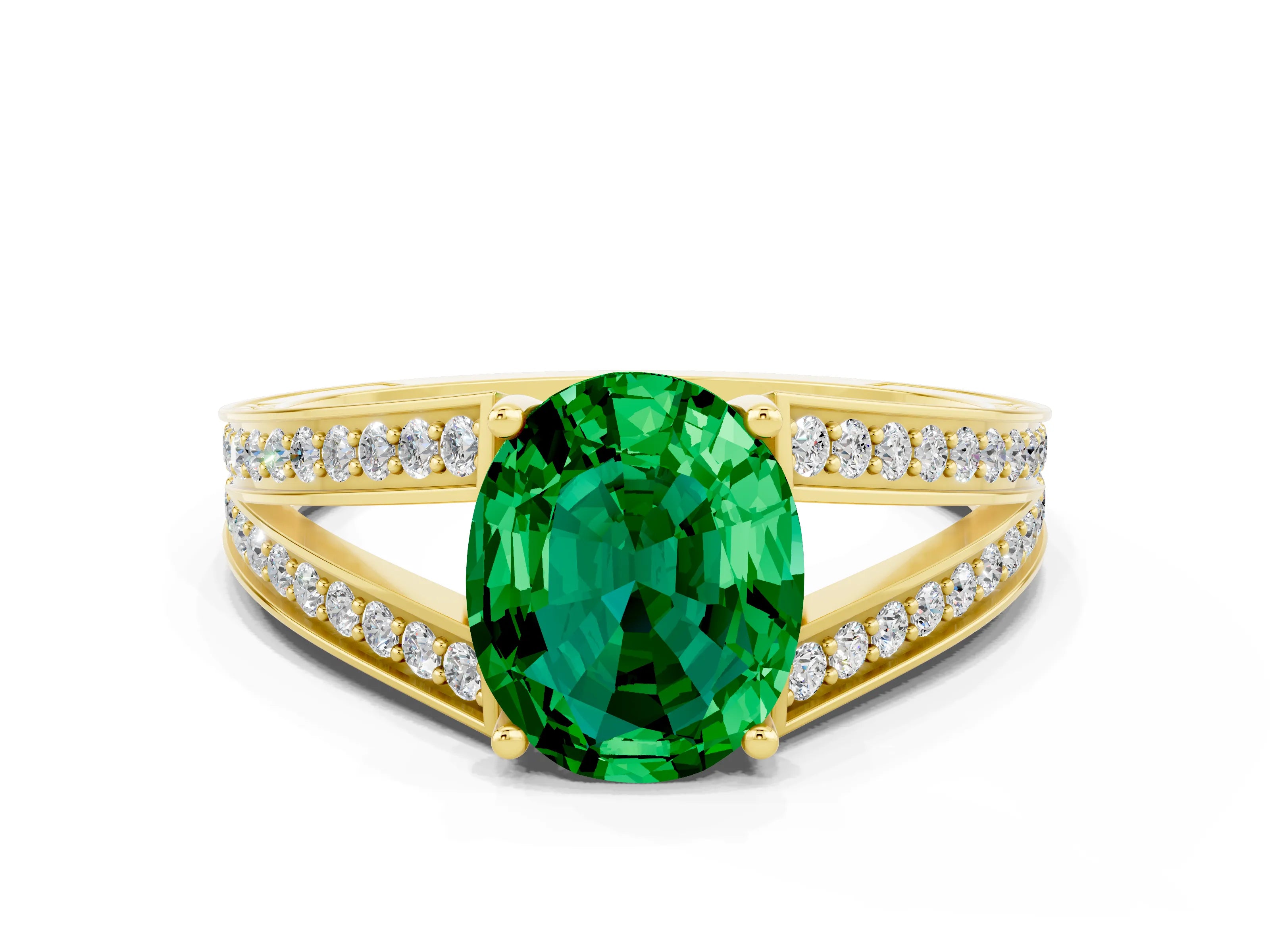 Yellow gold Oval Cut Emerald Split Shank Ring with Pavé Band and Four-Prong Setting