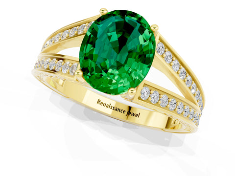 Yellow gold Oval Cut Emerald Split Shank Ring with Pavé Band and Four-Prong Setting_1
