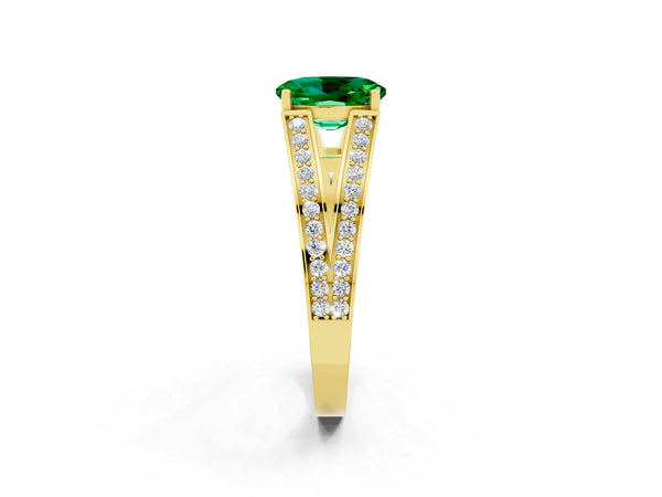 Yellow gold Oval Cut Emerald Split Shank Ring with Pavé Band and Four-Prong Setting