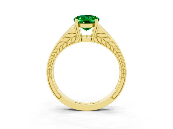 Yellow gold Oval Cut Emerald Split Shank Ring with Pavé Band and Four-Prong Setting