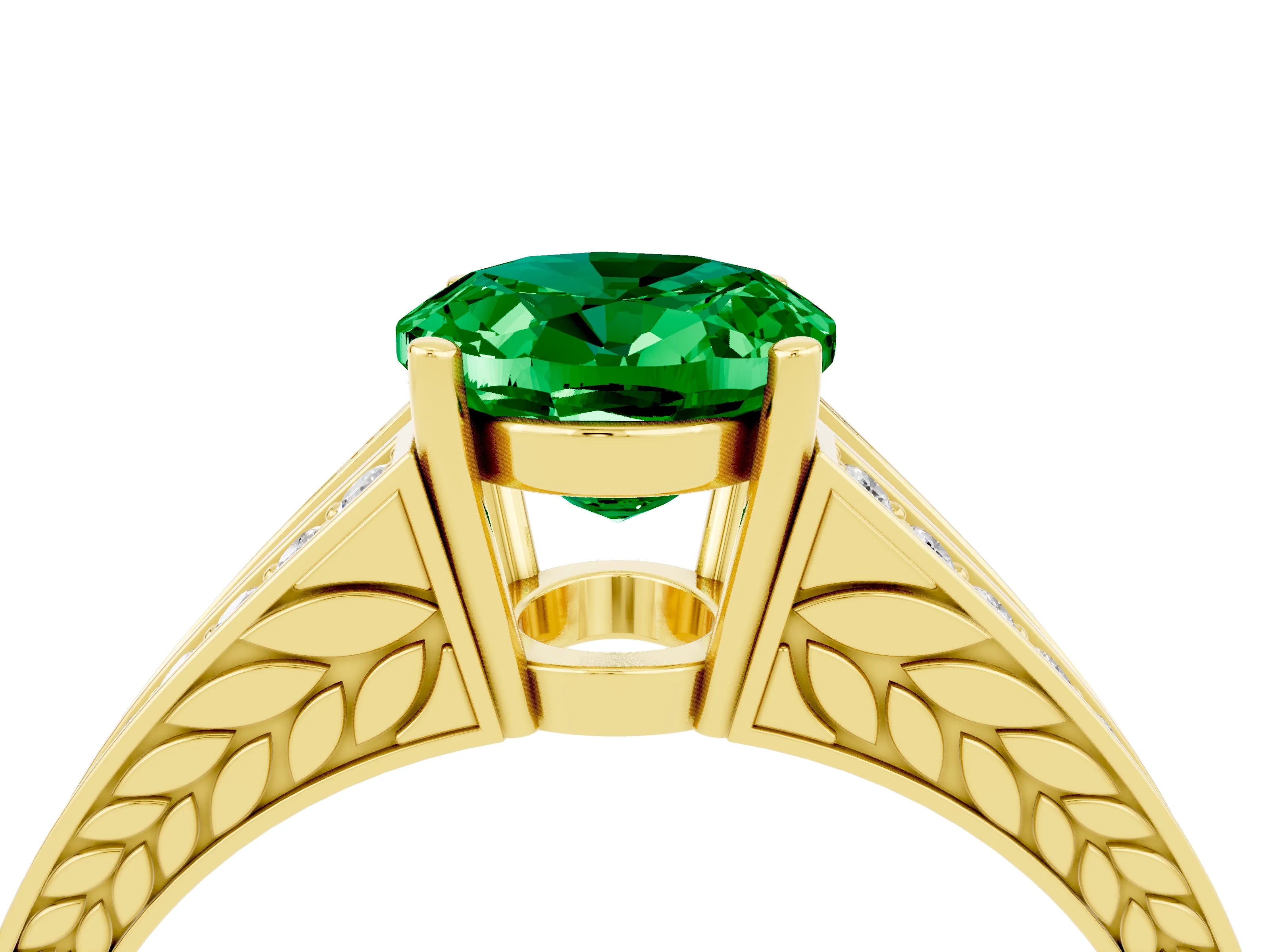 Yellow gold Oval Cut Emerald Split Shank Ring with Pavé Band and Four-Prong Setting_4