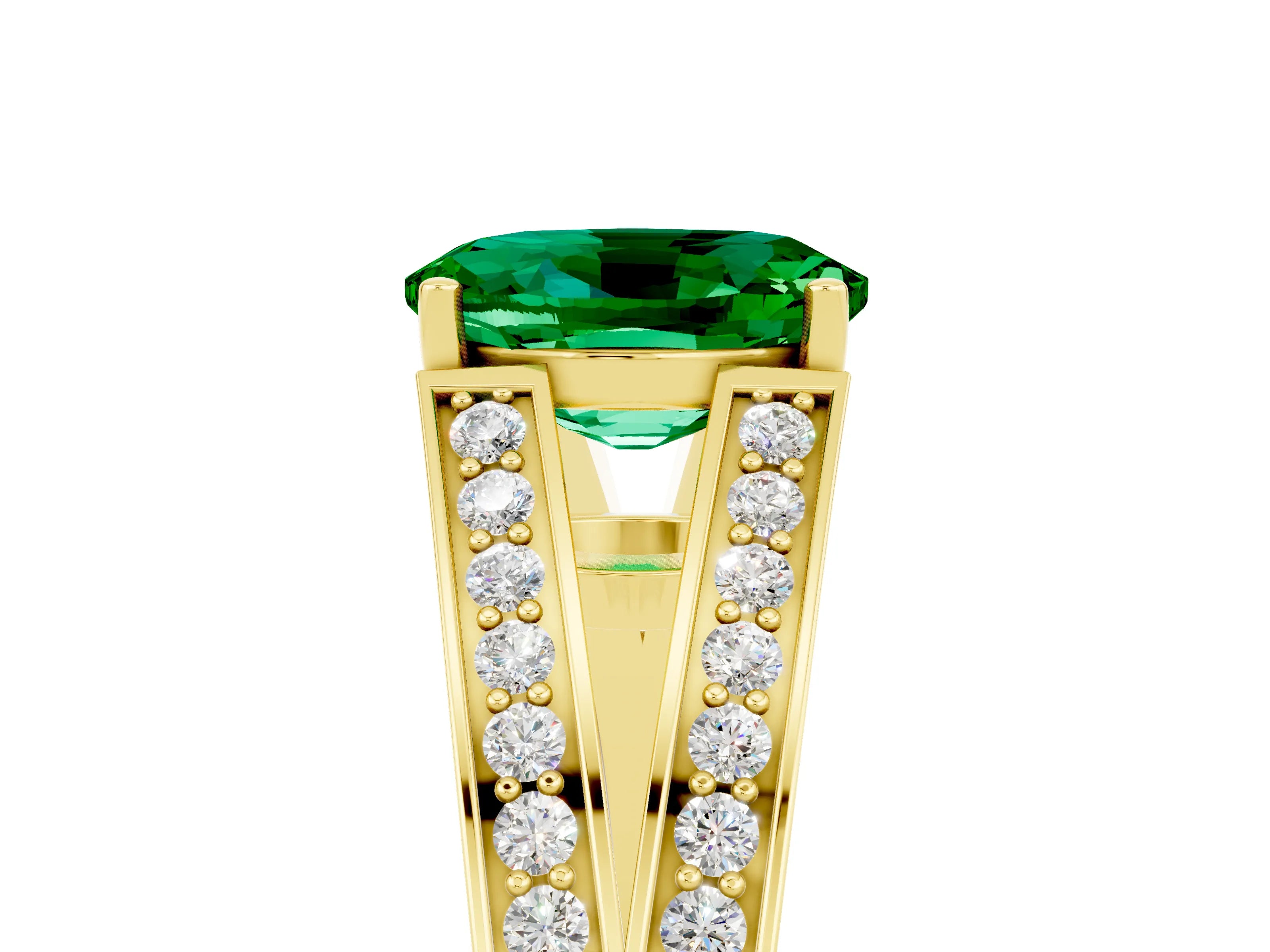 Yellow gold Oval Cut Emerald Split Shank Ring with Pavé Band and Four-Prong Setting_5