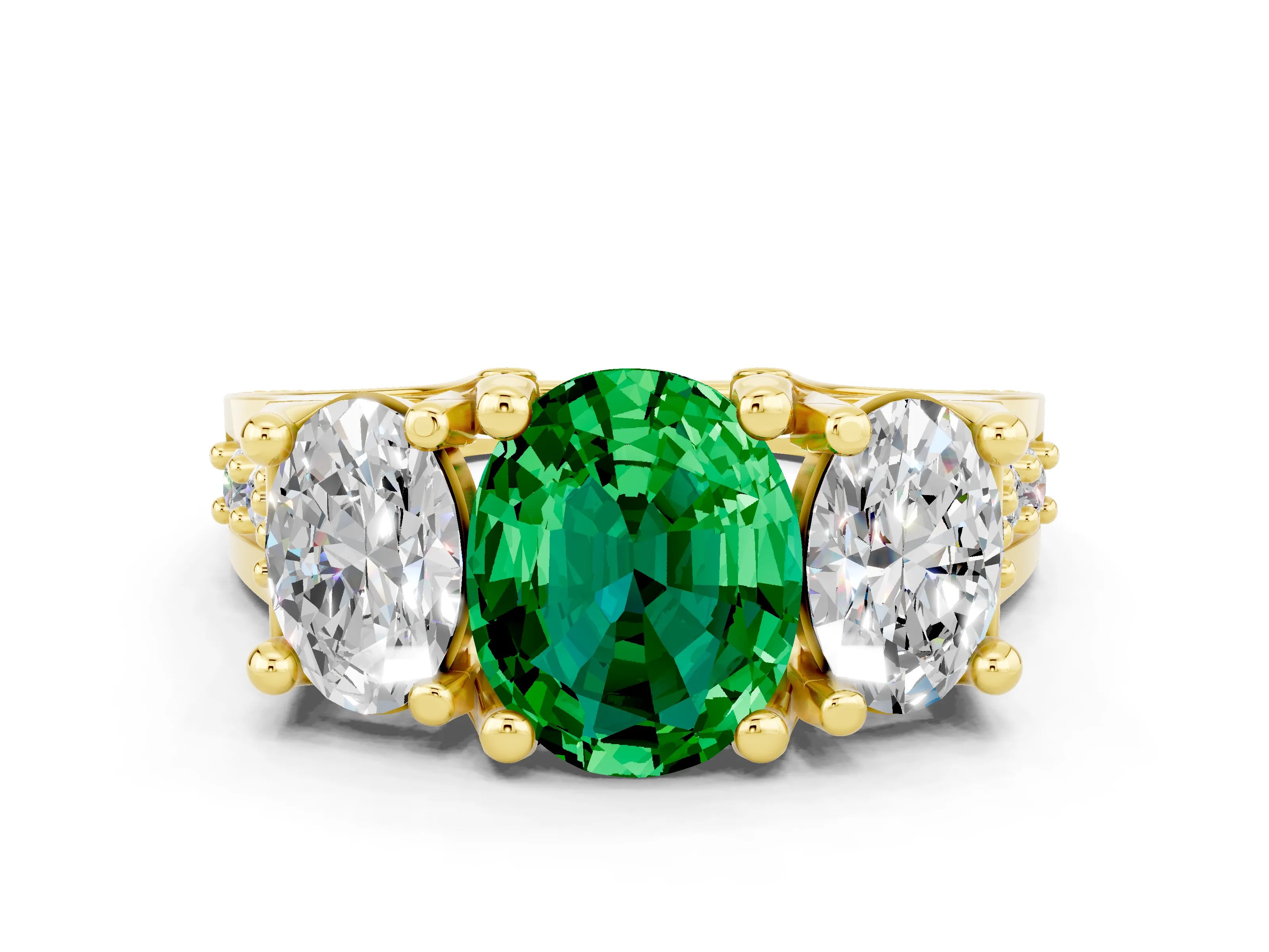 Yellow gold Oval Cut Emerald Three-Stone Ring with Channel Set Band and Four-Prong Setting