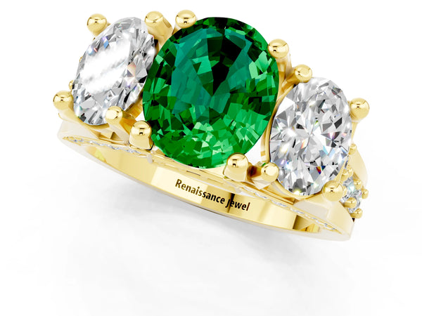 Yellow gold Oval Cut Emerald Three-Stone Ring with Channel Set Band and Four-Prong Setting