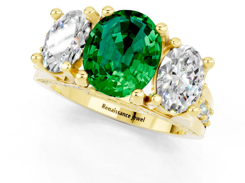 Yellow gold Oval Cut Emerald Three-Stone Ring with Channel Set Band and Four-Prong Setting_1