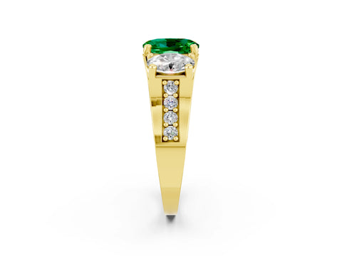 Yellow gold Oval Cut Emerald Three-Stone Ring with Channel Set Band and Four-Prong Setting_2