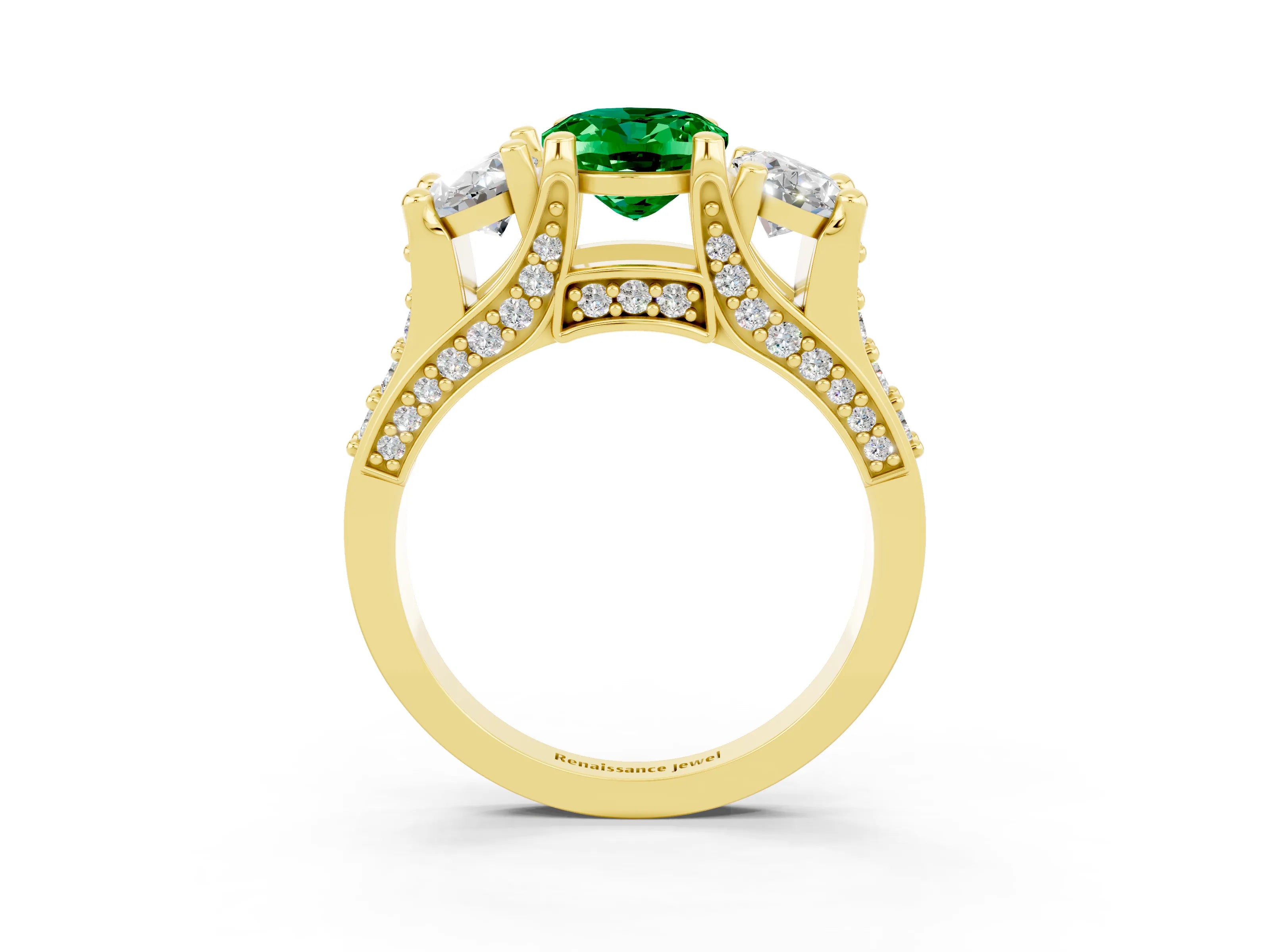 Yellow gold Oval Cut Emerald Three-Stone Ring with Channel Set Band and Four-Prong Setting_3