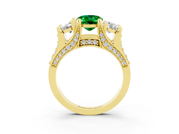 Yellow gold Oval Cut Emerald Three-Stone Ring with Channel Set Band and Four-Prong Setting