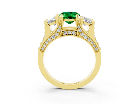 Yellow gold Oval Cut Emerald Three-Stone Ring with Channel Set Band and Four-Prong Setting_3