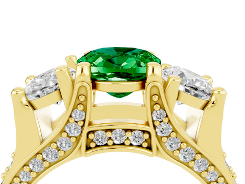 Yellow gold Oval Cut Emerald Three-Stone Ring with Channel Set Band and Four-Prong Setting_4