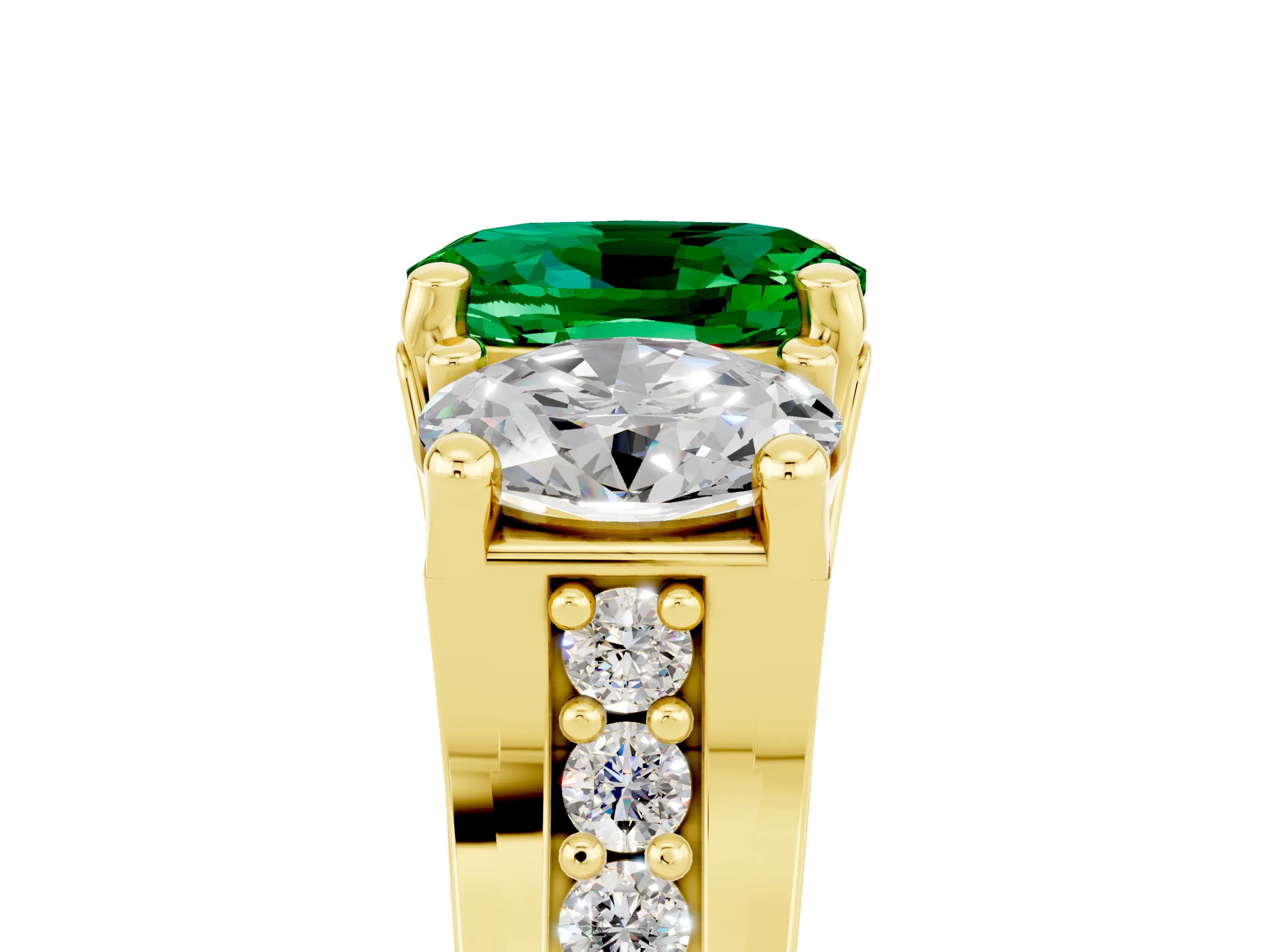 Yellow gold Oval Cut Emerald Three-Stone Ring with Channel Set Band and Four-Prong Setting_5
