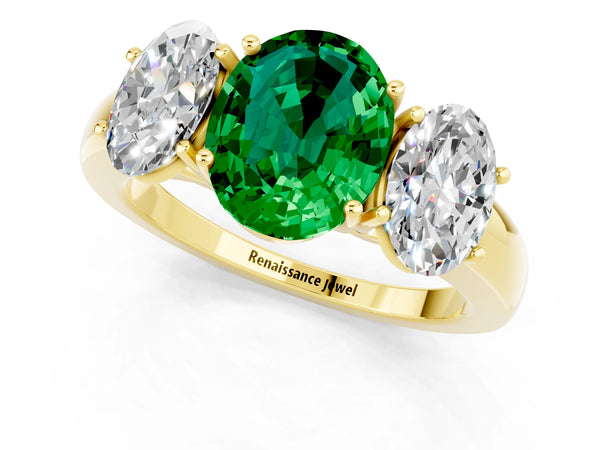 Yellow gold Oval Cut Emerald Three-Stone Ring with Four-Prong Setting and Classic Band