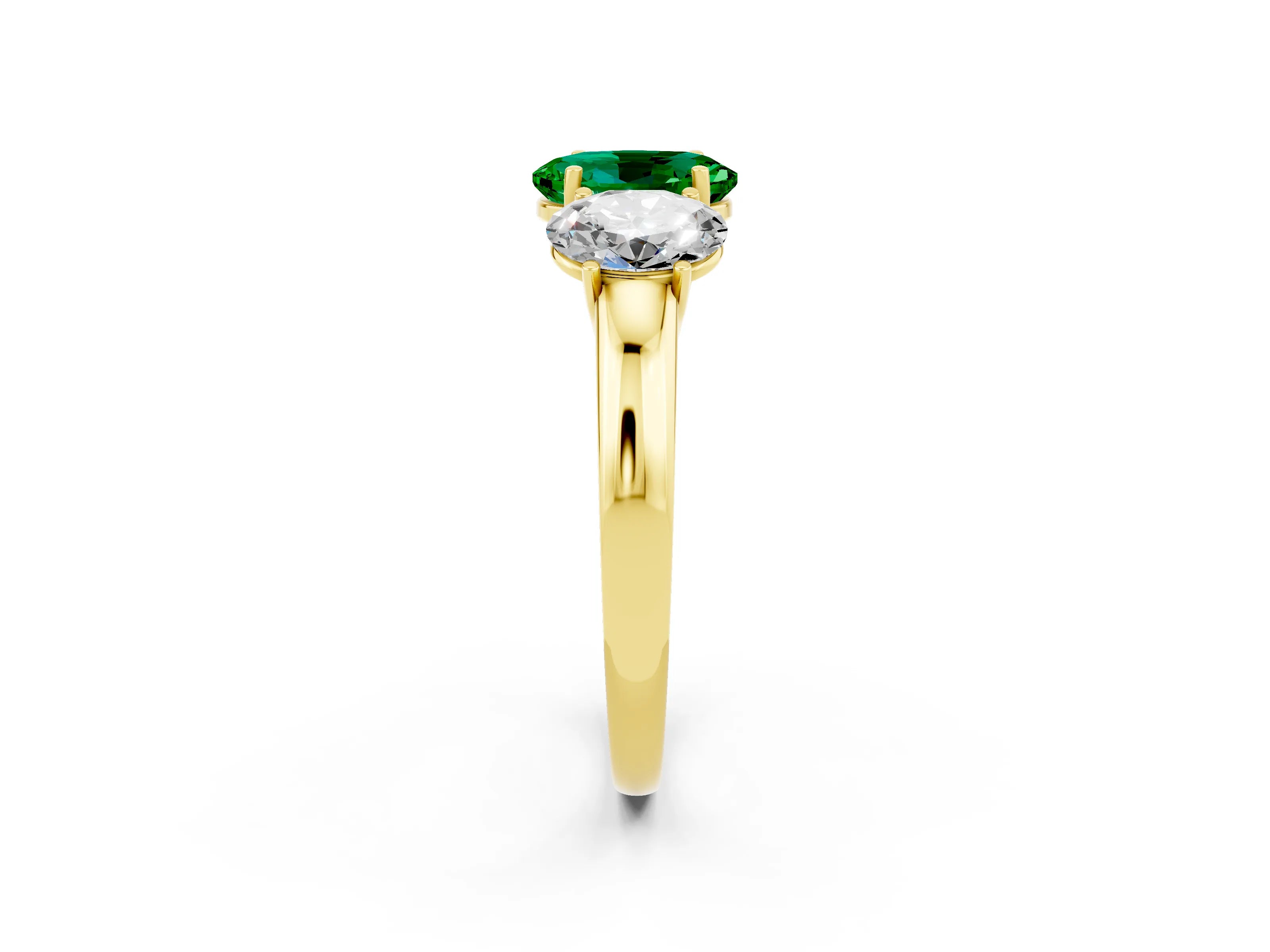 Yellow gold Oval Cut Emerald Three-Stone Ring with Four-Prong Setting and Classic Band_2