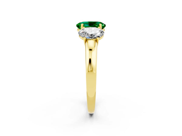 Yellow gold Oval Cut Emerald Three-Stone Ring with Four-Prong Setting and Classic Band