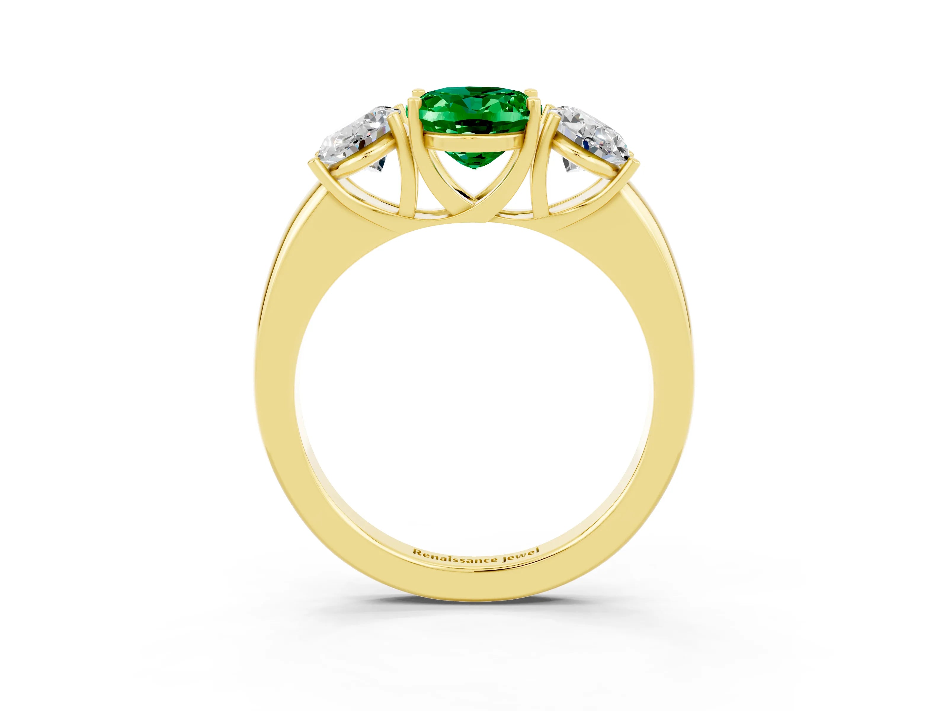 Yellow gold Oval Cut Emerald Three-Stone Ring with Four-Prong Setting and Classic Band_3