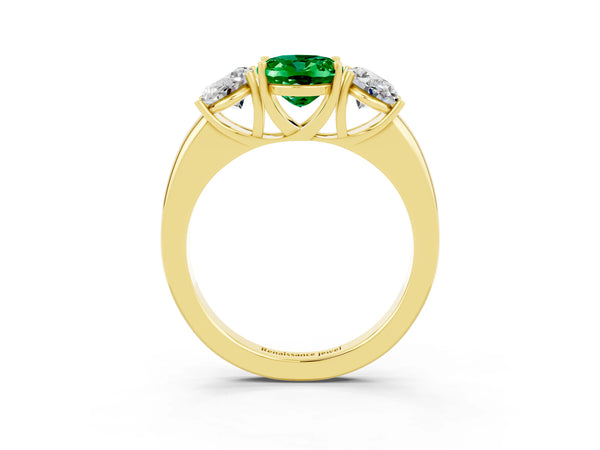 Yellow gold Oval Cut Emerald Three-Stone Ring with Four-Prong Setting and Classic Band