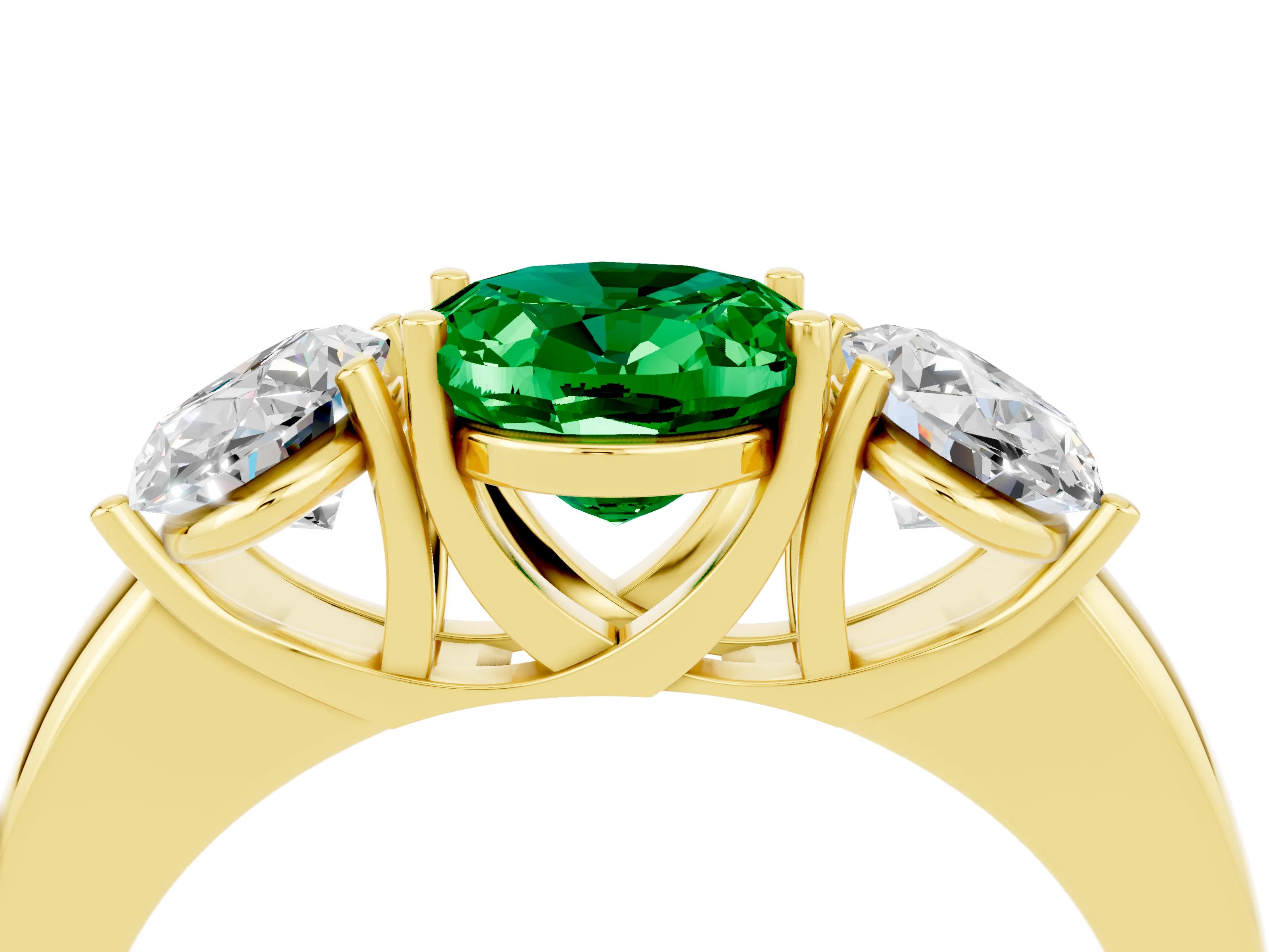 Yellow gold Oval Cut Emerald Three-Stone Ring with Four-Prong Setting and Classic Band_4