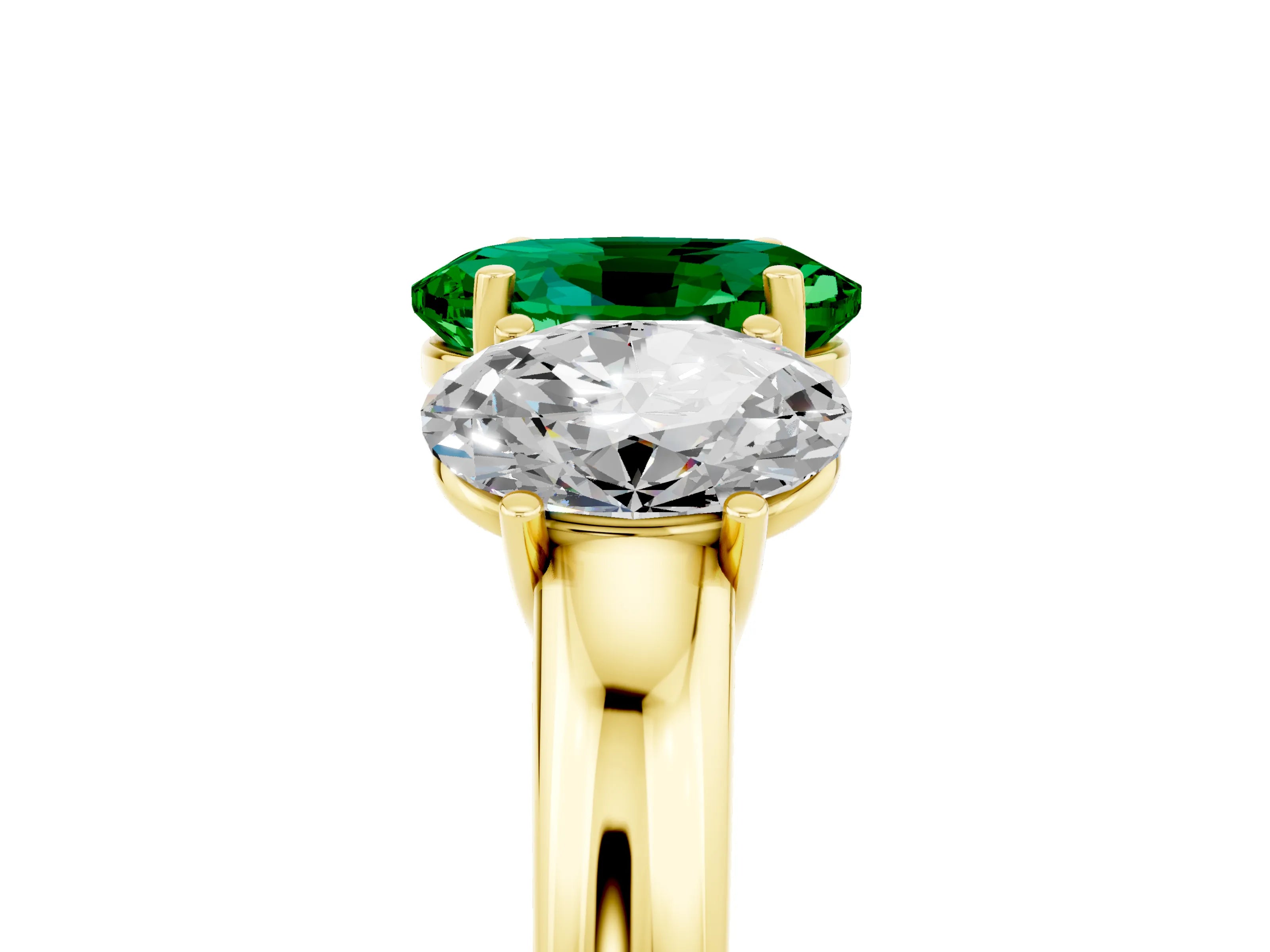 Yellow gold Oval Cut Emerald Three-Stone Ring with Four-Prong Setting and Classic Band_5