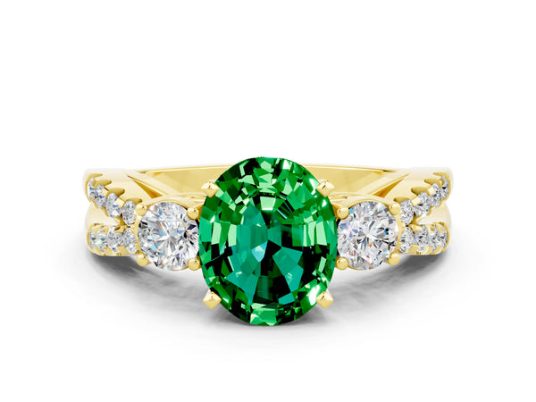 Yellow gold Oval Cut Emerald Three-Stone Ring with Pavé Split Shank and Four-Prong Setting