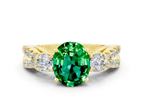 Yellow gold Oval Cut Emerald Three-Stone Ring with Pavé Split Shank and Four-Prong Setting_12