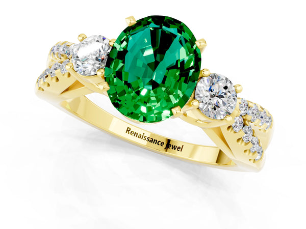 Yellow gold Oval Cut Emerald Three-Stone Ring with Pavé Split Shank and Four-Prong Setting