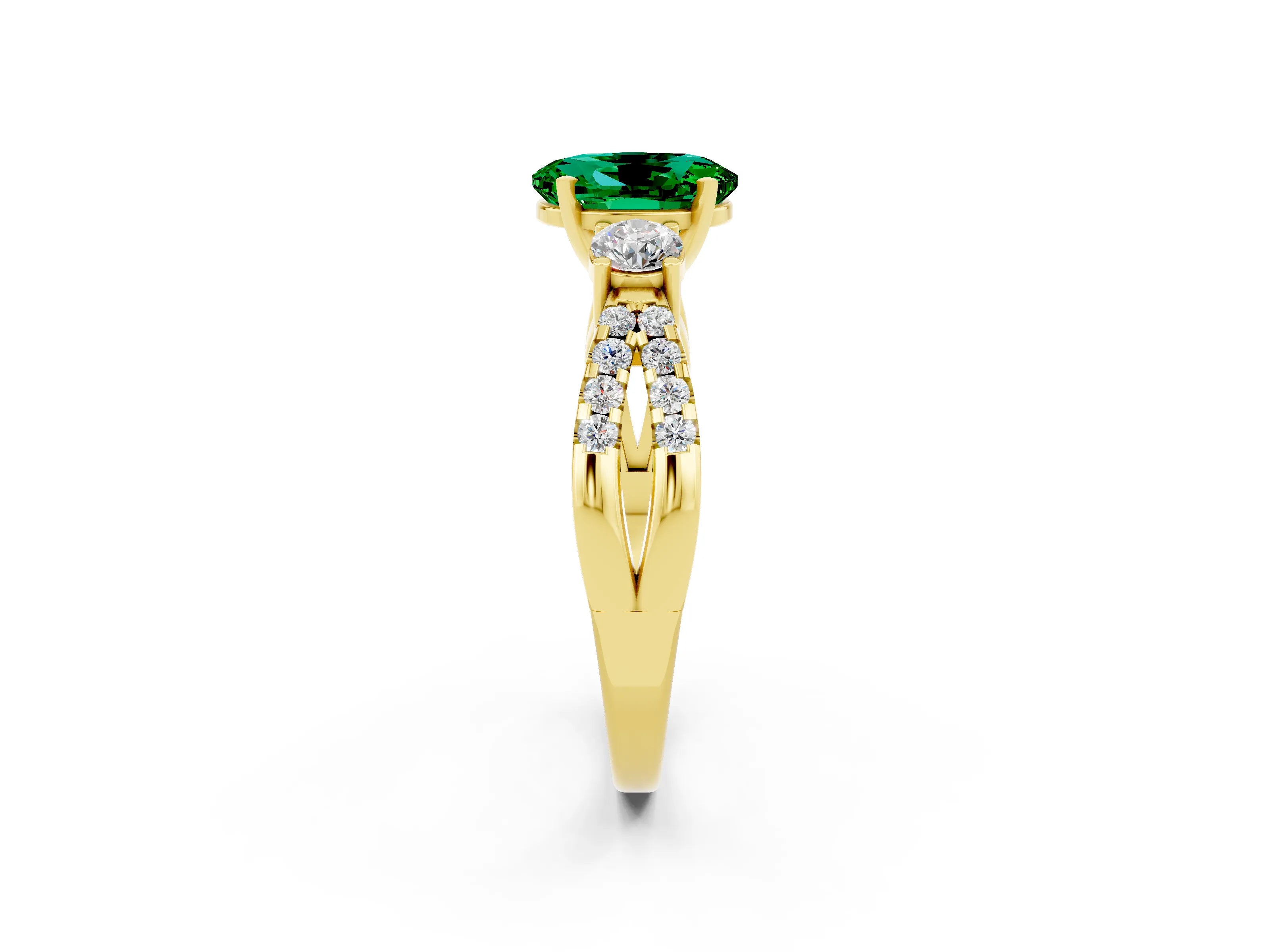Yellow gold Oval Cut Emerald Three-Stone Ring with Pavé Split Shank and Four-Prong Setting_14