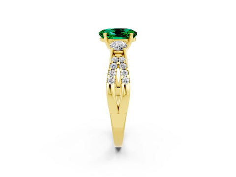 Yellow gold Oval Cut Emerald Three-Stone Ring with Pavé Split Shank and Four-Prong Setting_14