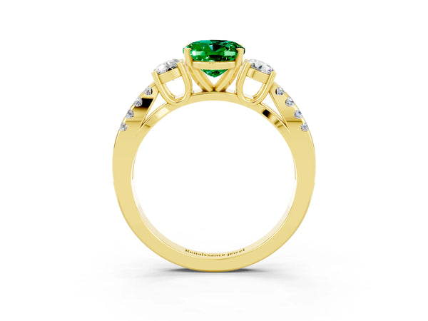 Yellow gold Oval Cut Emerald Three-Stone Ring with Pavé Split Shank and Four-Prong Setting