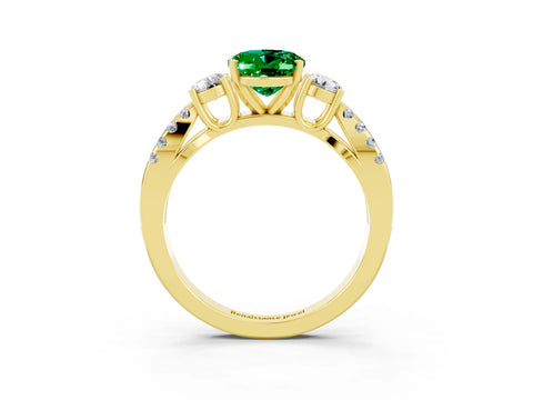 Yellow gold Oval Cut Emerald Three-Stone Ring with Pavé Split Shank and Four-Prong Setting_15