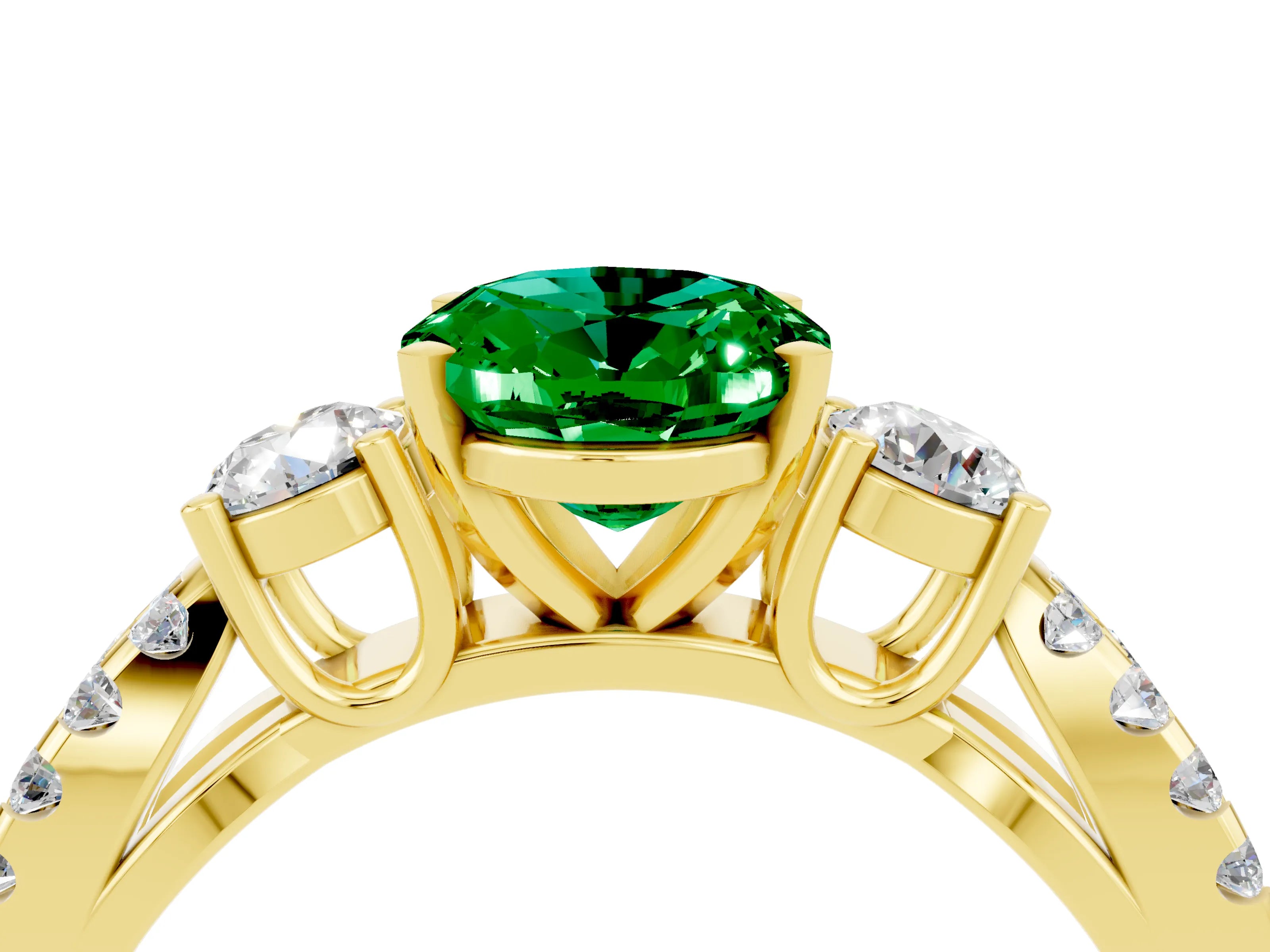 Yellow gold Oval Cut Emerald Three-Stone Ring with Pavé Split Shank and Four-Prong Setting_16