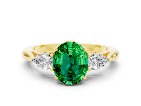 Yellow gold Oval Cut Emerald Three-Stone Ring with Pear Side Stones and Four-Prong Setting_12