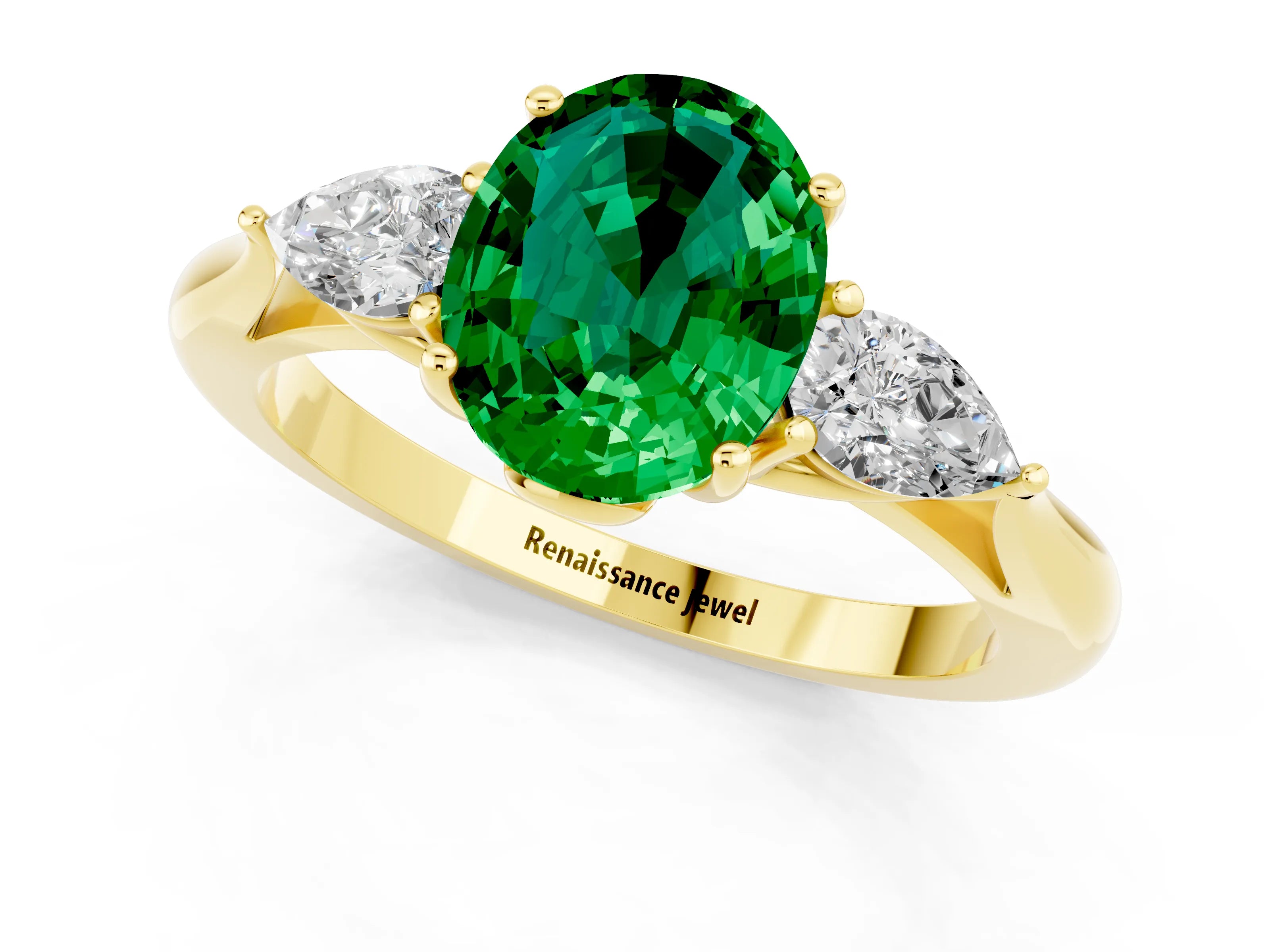 Yellow gold Oval Cut Emerald Three-Stone Ring with Pear Side Stones and Four-Prong Setting_13