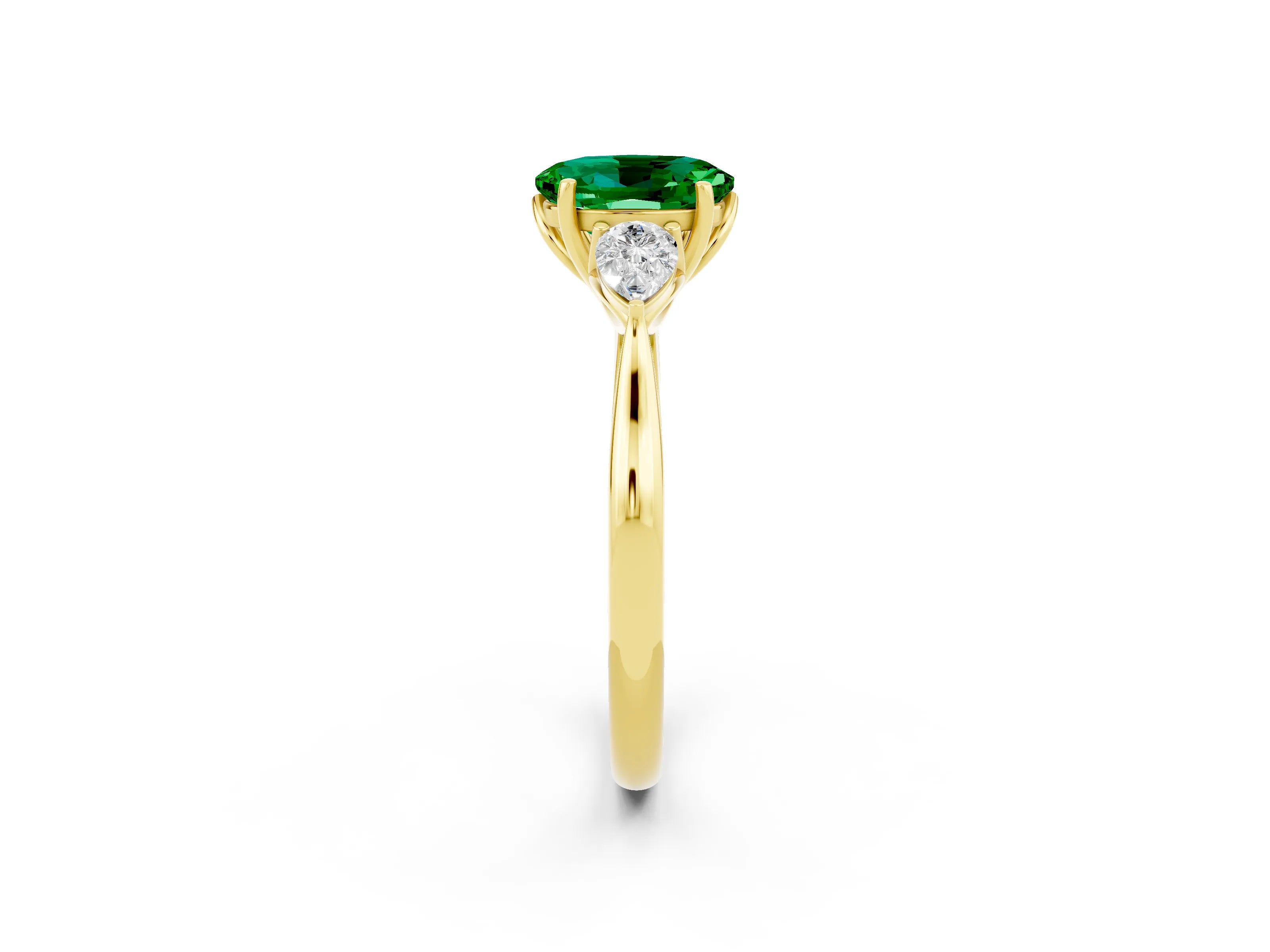 Yellow gold Oval Cut Emerald Three-Stone Ring with Pear Side Stones and Four-Prong Setting_14