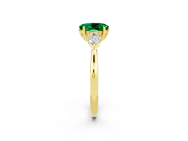 Yellow gold Oval Cut Emerald Three-Stone Ring with Pear  Side Stones and Prong Setting