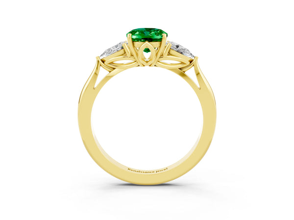 Yellow gold Oval Cut Emerald Three-Stone Ring with Pear  Side Stones and Prong Setting